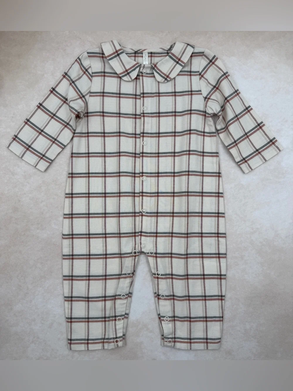 🆕 Rylee + Cru Cream Plaid Baby Romper with Peter Pan Collar